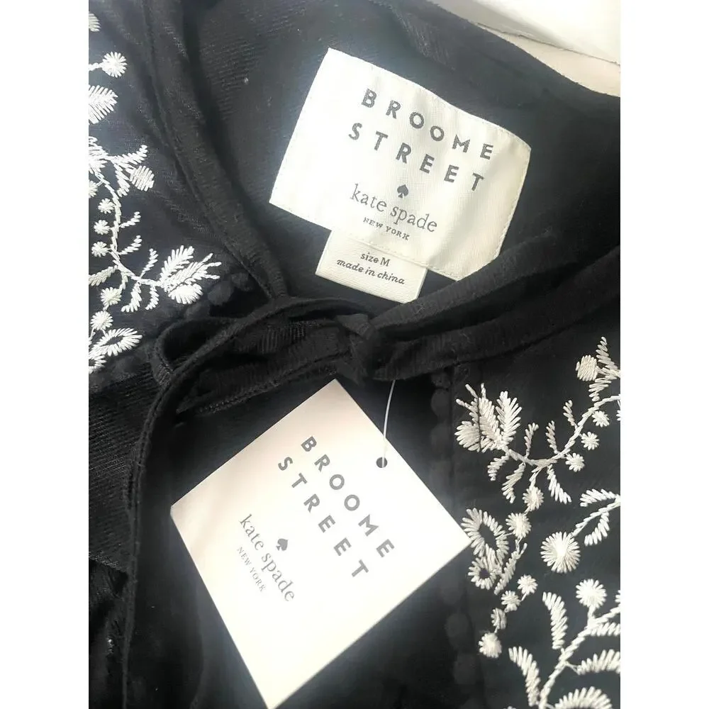 Kate Spade Black Linen Blend Crop Jacket Floral Embroidery Womens Medium